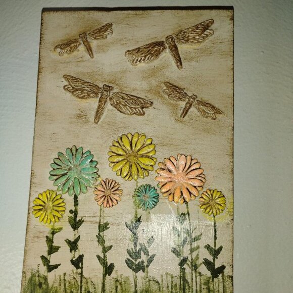 Wood Key Holder w/ Flowers and Dragonflies. Handmade. 3 Key Hooks at Bottom. - Picture 1 of 6